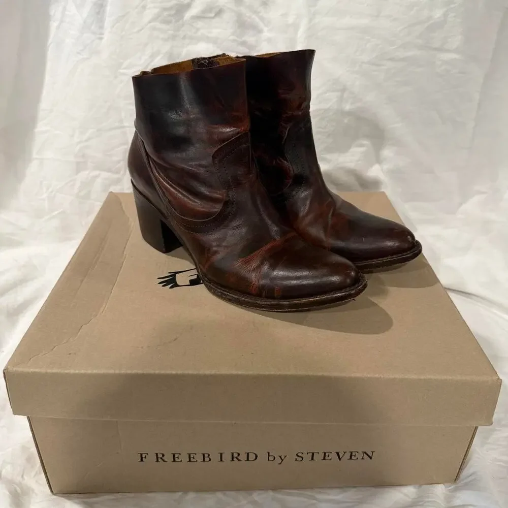 Freebird by Steven Salt Brown Leather Ankle Boots Cognac Western Boho 9 W/ Box